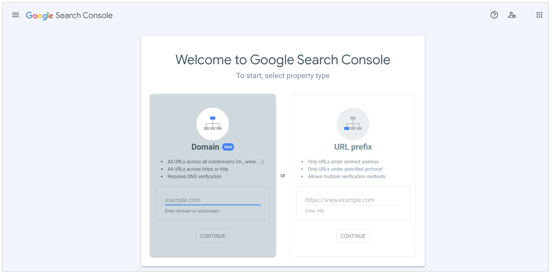 Vælg ejendomstype i Google Search Console